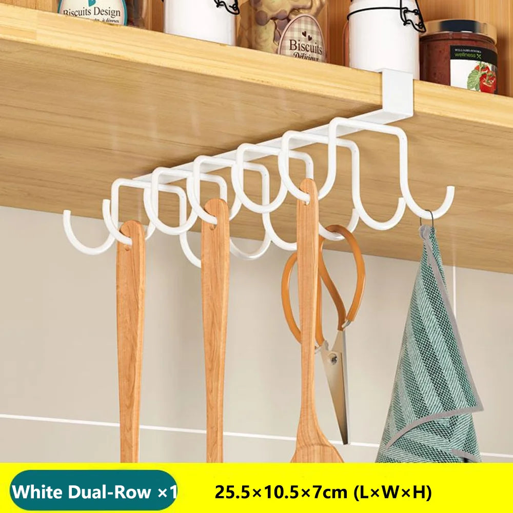 Space-Saving Under Cabinet Kitchen Organizer Rack with Hooks, Storage Shelf & Hanging Holders