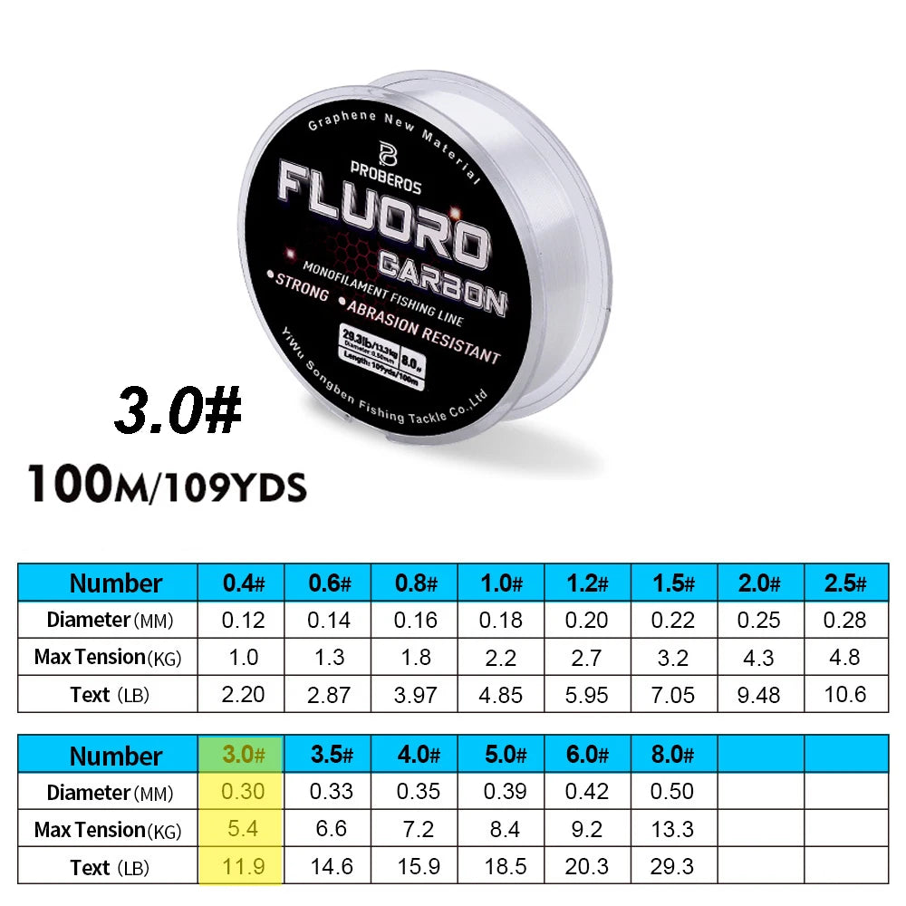 PROBEROS 100m Fluorocarbon Fishing Line – High Abrasion Resistance