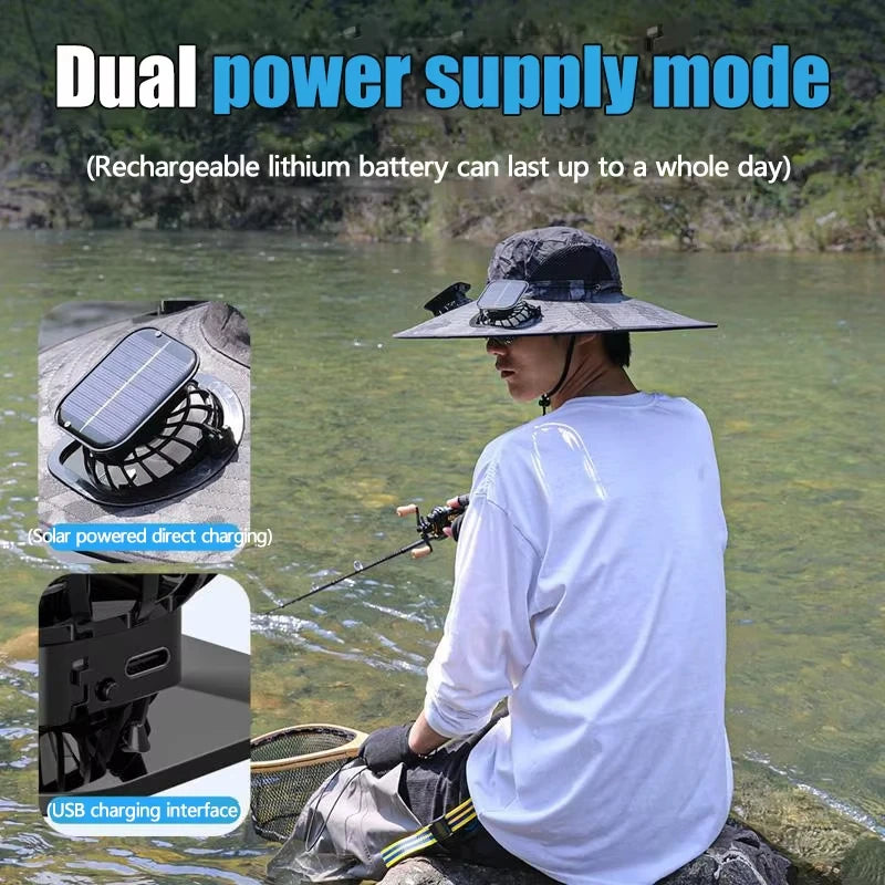 Solar Cooling Fan Hat | USB Rechargeable Wide Brim Sun Hat | Camping, Fishing & Hiking Hat