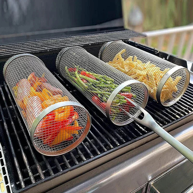 Stainless Steel Rolling BBQ Basket – Rotating Grill Basket for Camping & Outdoor Cooking