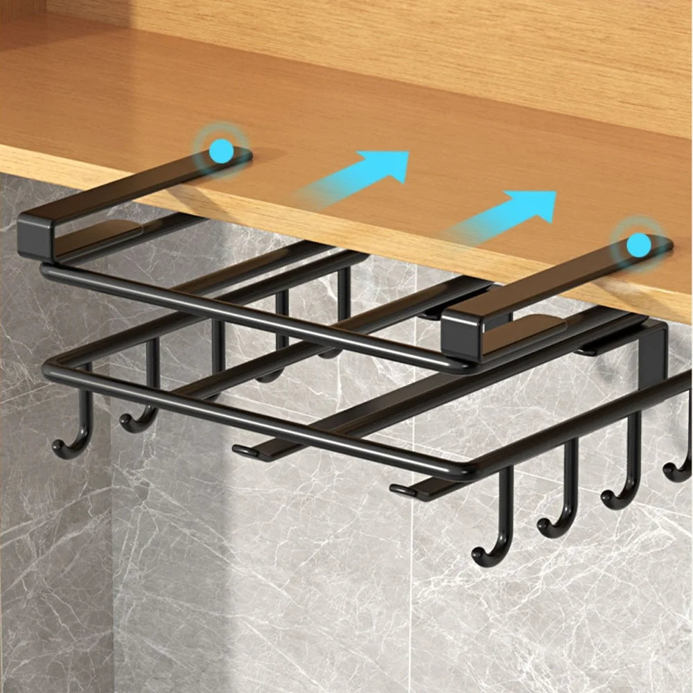 Space-Saving Under Cabinet Kitchen Organizer Rack with Hooks, Storage Shelf & Hanging Holders