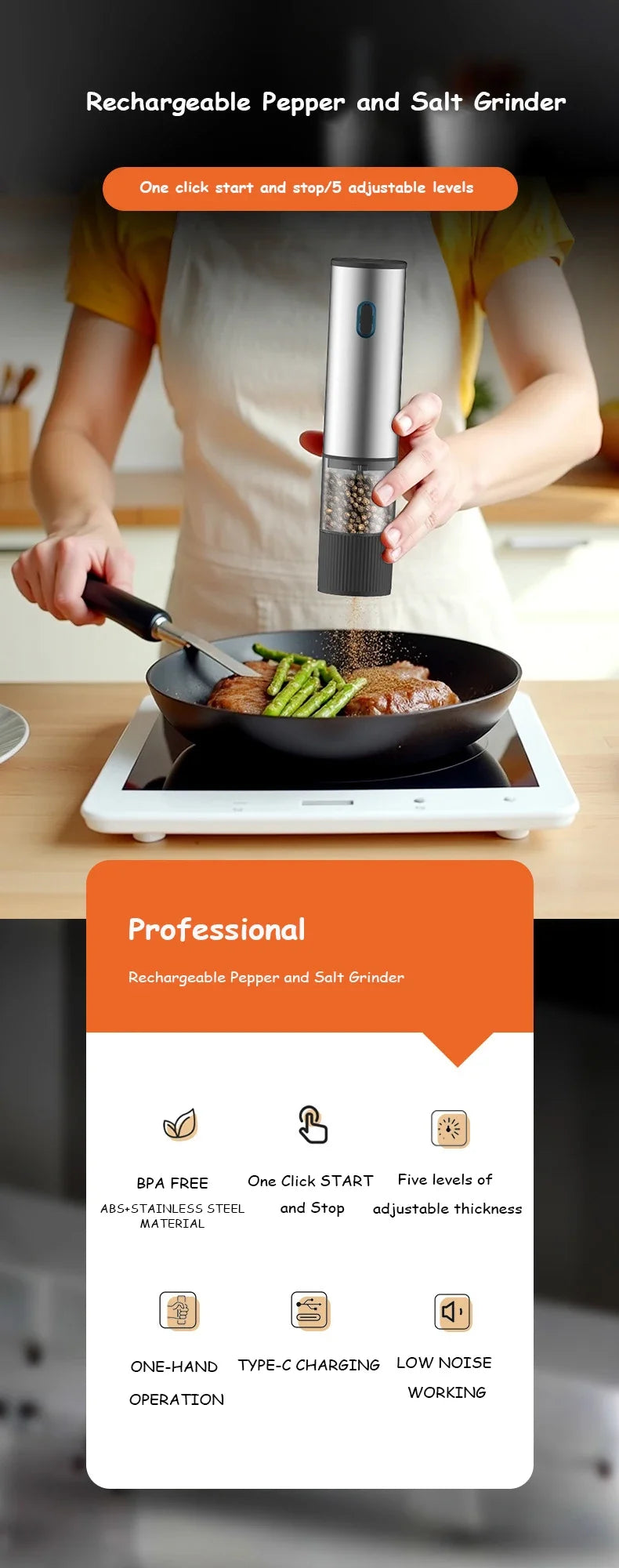 Electric Salt & Pepper Grinder – Rechargeable & Adjustable