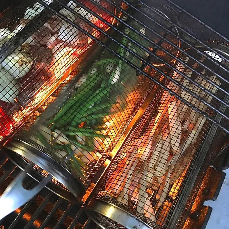 Stainless Steel Rolling BBQ Basket – Rotating Grill Basket for Camping & Outdoor Cooking