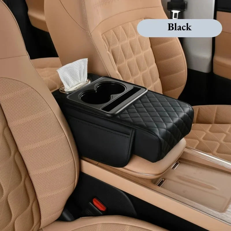 Car Center Console Armrest Cushion with Storage & Cup Holders
