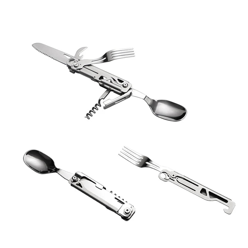 Stainless Steel Camping Multi Tool | Spoon, Fork, Knife & Bottle Opener