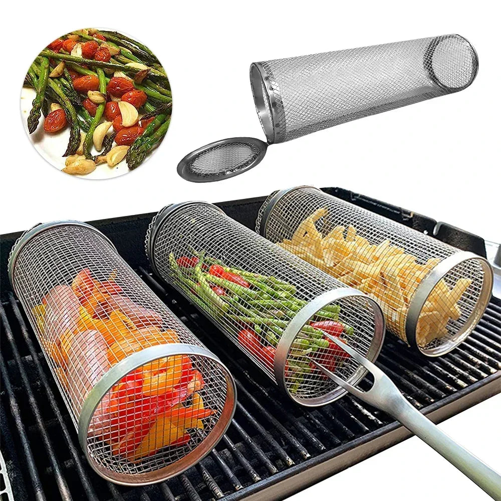Stainless Steel Rolling BBQ Basket – Rotating Grill Basket for Camping & Outdoor Cooking