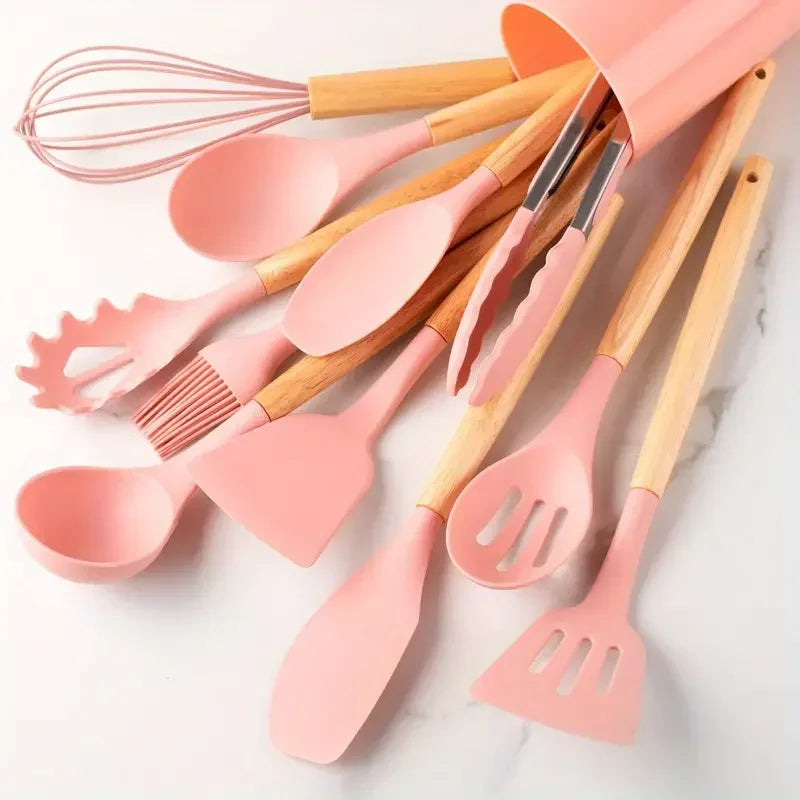 12-Piece Silicone Kitchen Utensil Set with Wooden Handles – Non-Stick Cooking Tool