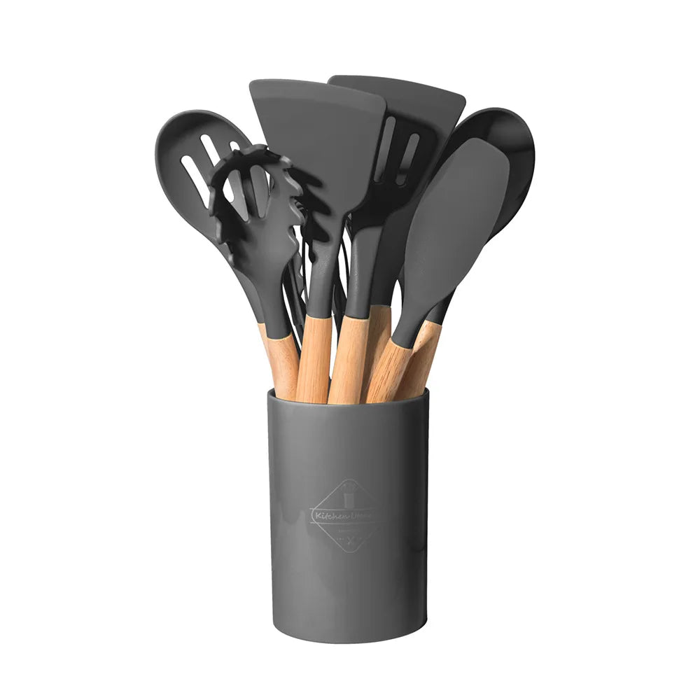 12-Piece Silicone Kitchen Utensil Set with Wooden Handles – Non-Stick Cooking Tool