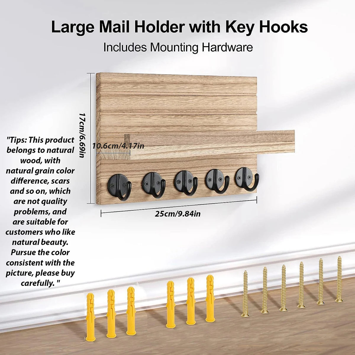 Rustic Wooden Key Holder & Wall Shelf – Entryway Mail Organiser with 5 Hooks