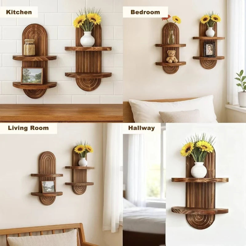 Boho Wooden Arch Wall Shelf – Natural Wood Floating Storage