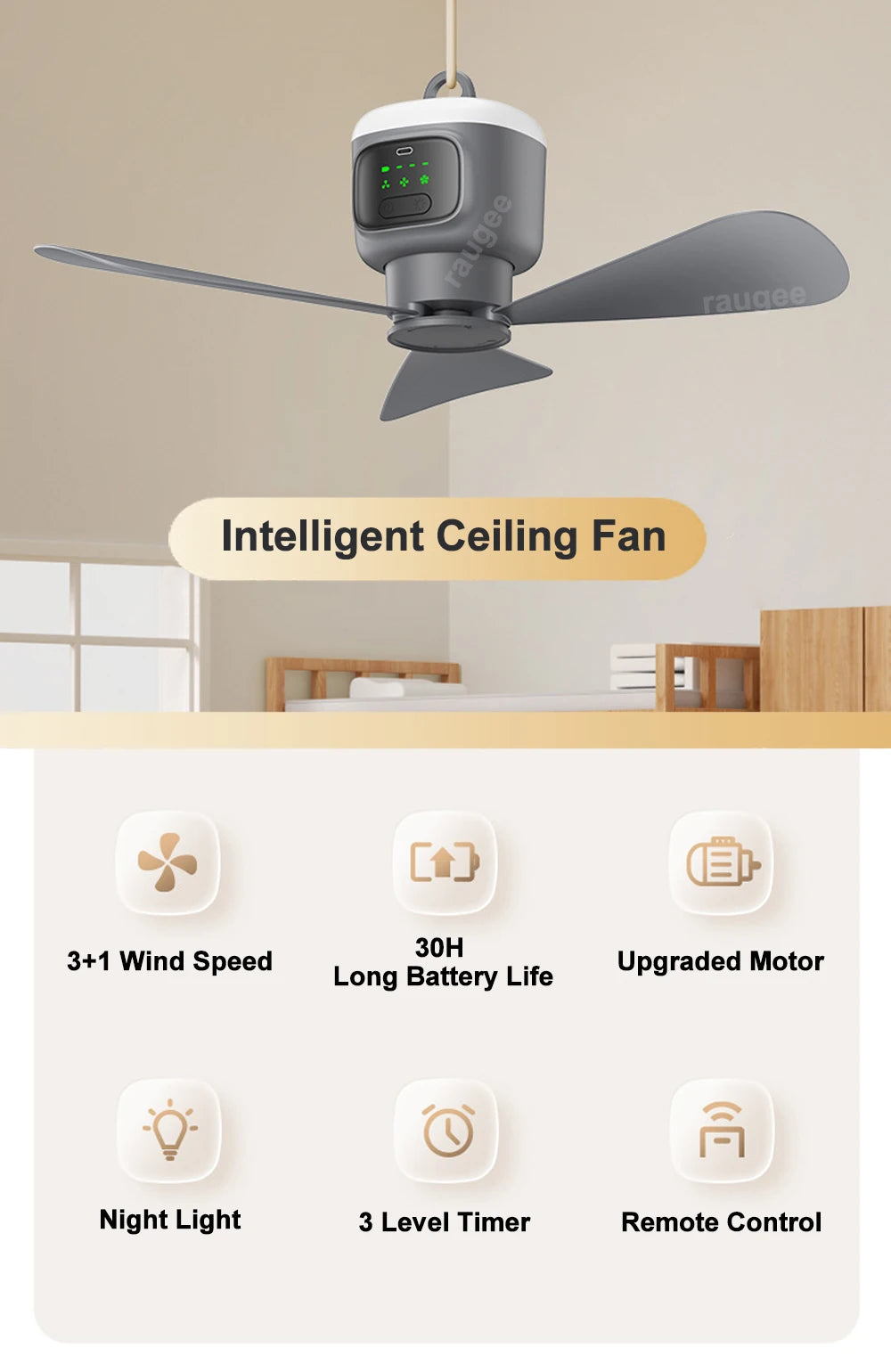 Portable Camping Ceiling Fan with LED Light & Remote