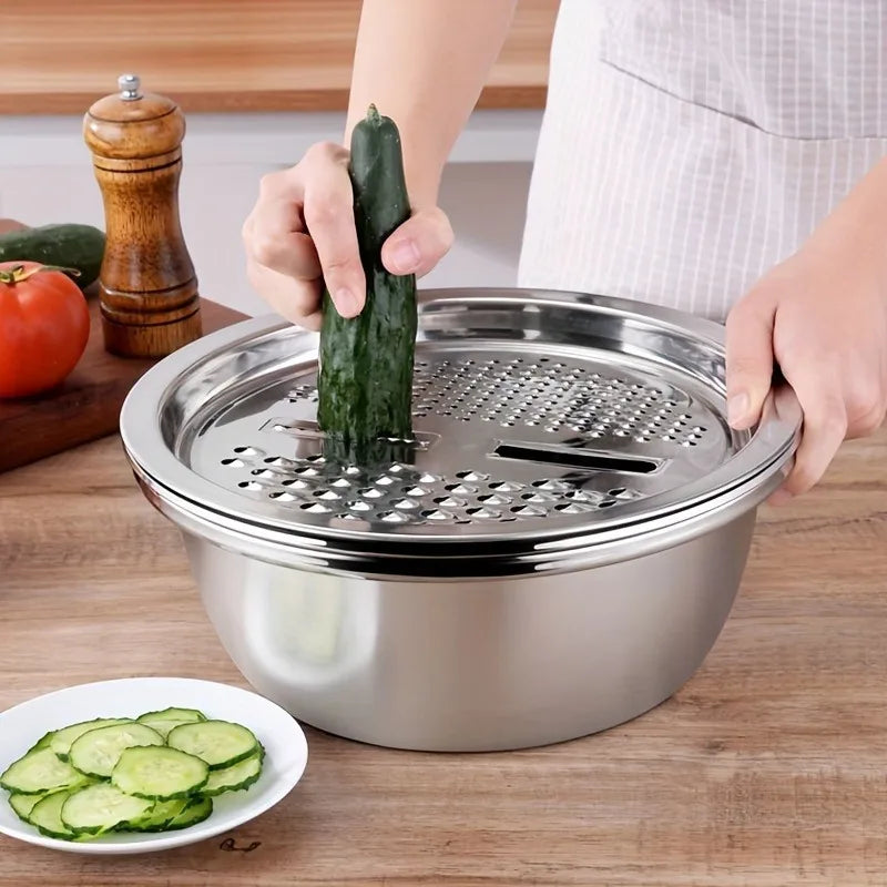 3-Piece Stainless Steel Mixing Bowl Set – Grater, Strainer & Food Prep Bowls