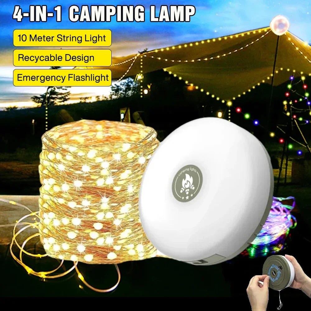 4-in-1 Camping String Light – Rechargeable LED Lantern with USB Power Bank & Magnetic Base
