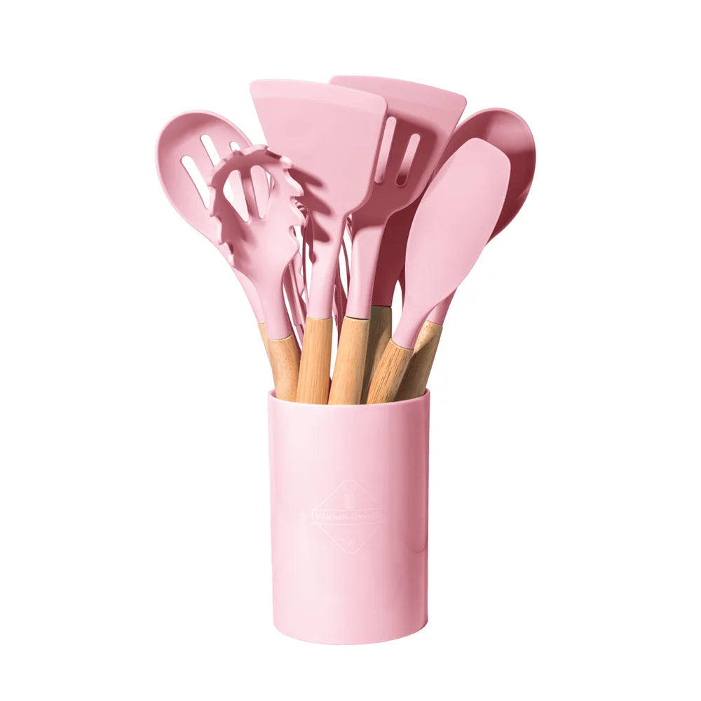 12-Piece Silicone Kitchen Utensil Set with Wooden Handles – Non-Stick Cooking Tool