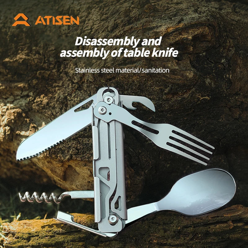 Stainless Steel Camping Multi Tool | Spoon, Fork, Knife & Bottle Opener
