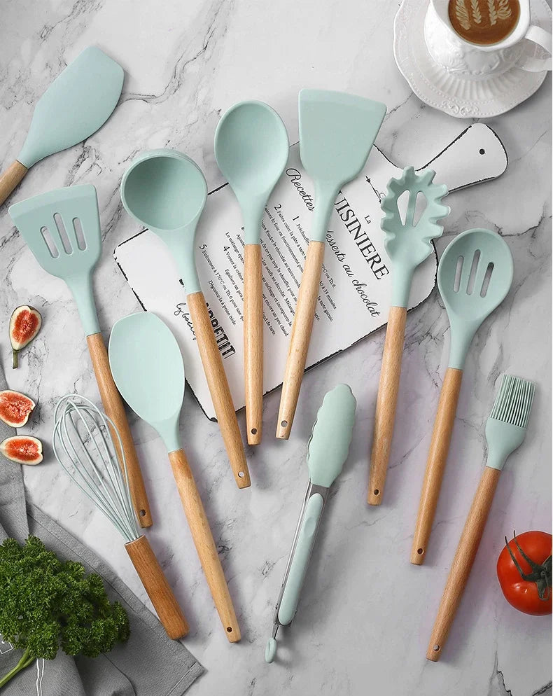12-Piece Silicone Kitchen Utensil Set with Wooden Handles – Non-Stick Cooking Tool