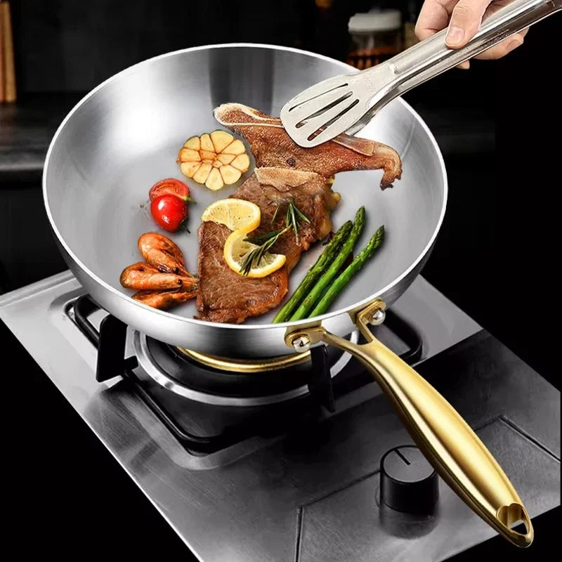 316 Stainless Steel Frying Pan with Golden Handle | Non-Stick Wok for Gas & Induction Cooktops