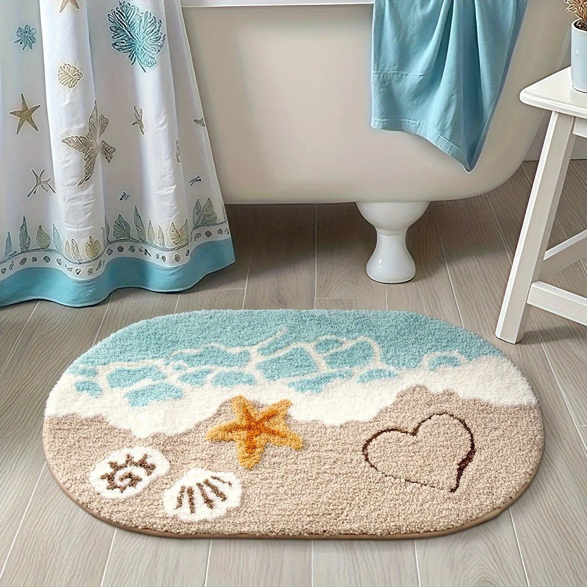 Ocean-Themed Plush Faux Cashmere Bathroom Mat – Anti-Slip & Ultra Absorbent