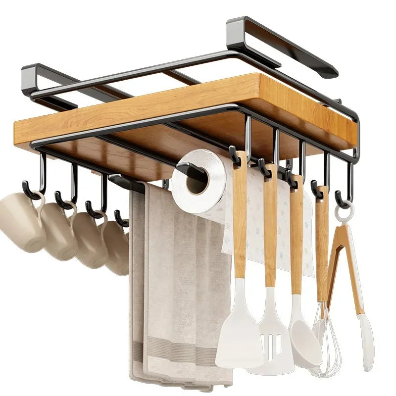 Space-Saving Under Cabinet Kitchen Organizer Rack with Hooks, Storage Shelf & Hanging Holders