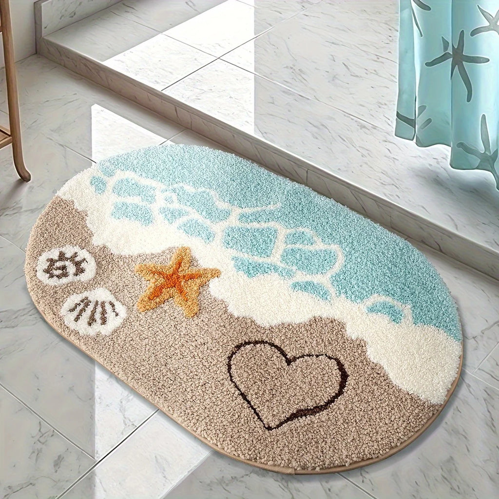 Ocean-Themed Plush Faux Cashmere Bathroom Mat – Anti-Slip & Ultra Absorbent