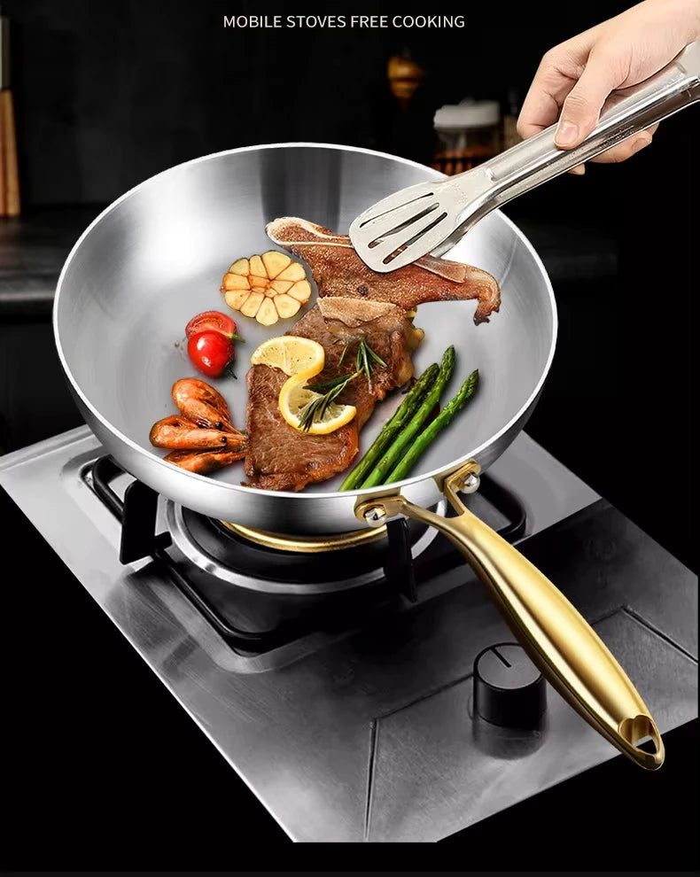 316 Stainless Steel Frying Pan with Golden Handle | Non-Stick Wok for Gas & Induction Cooktops