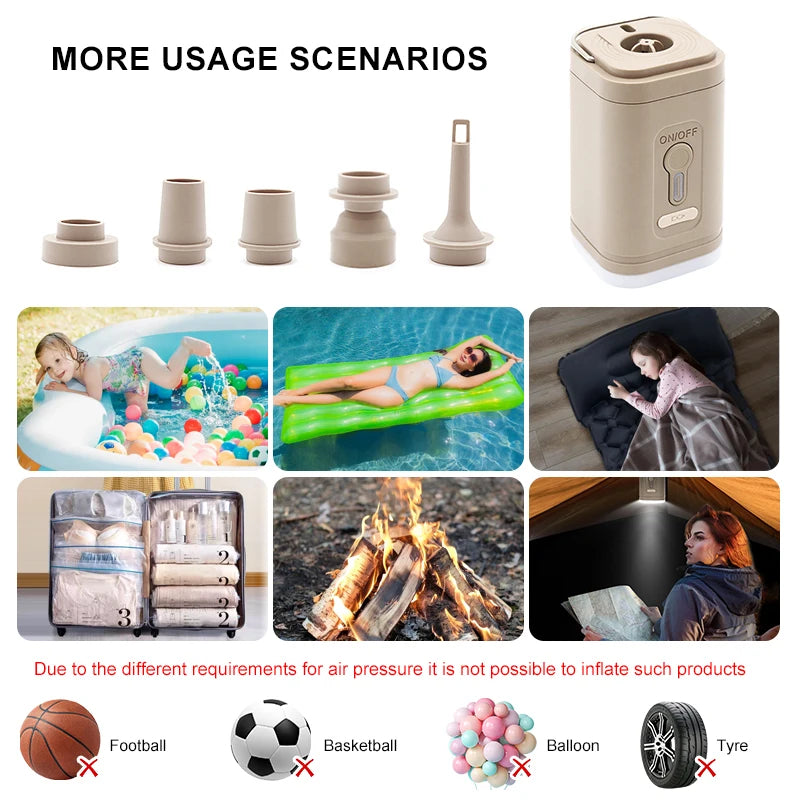 3-in-1 Mini Electric Air Pump with Camping Light – Portable Inflator & Deflator