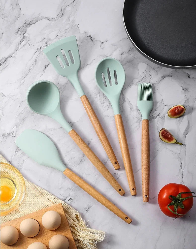 12-Piece Silicone Kitchen Utensil Set with Wooden Handles – Non-Stick Cooking Tool