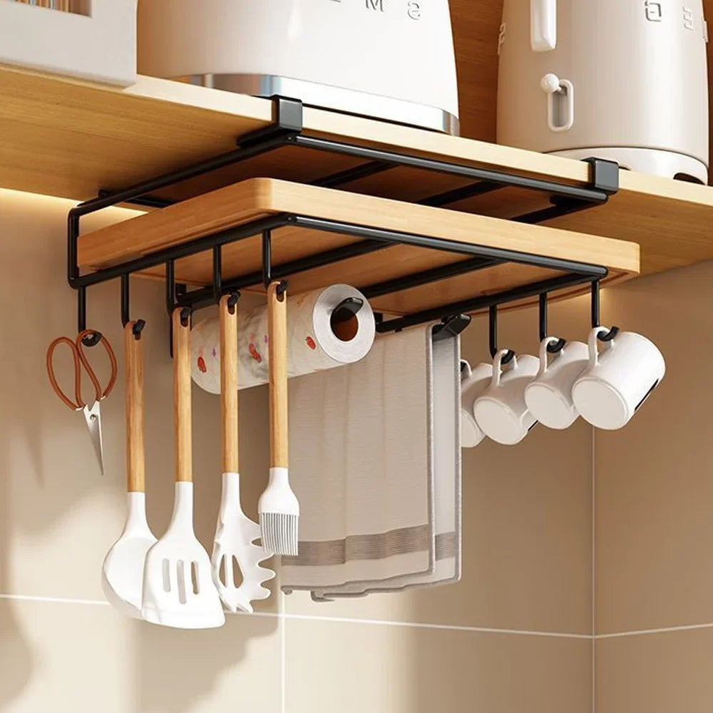 Space-Saving Under Cabinet Kitchen Organizer Rack with Hooks, Storage Shelf & Hanging Holders
