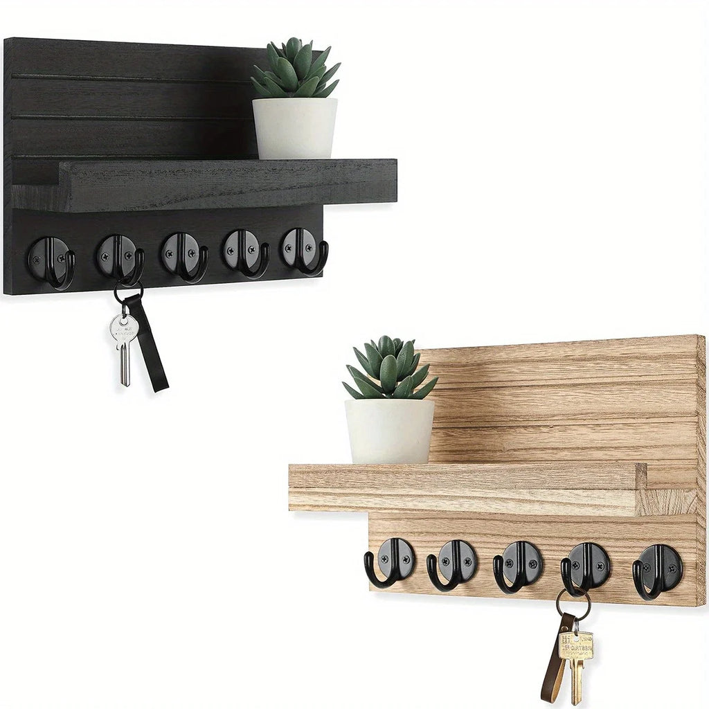 Rustic Wooden Key Holder & Wall Shelf – Entryway Mail Organiser with 5 Hooks