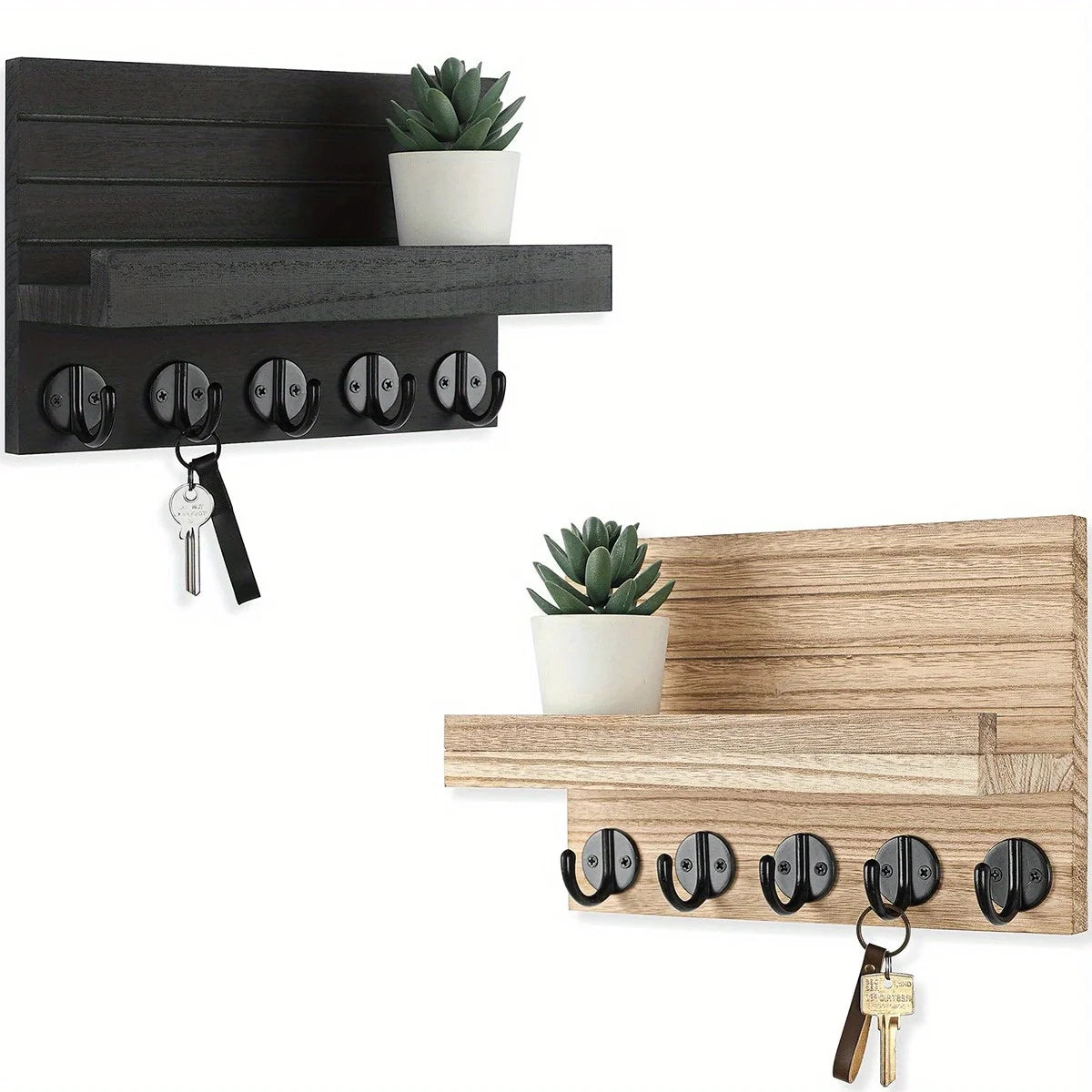 Rustic Wooden Key Holder & Wall Shelf – Entryway Mail Organiser with 5 Hooks