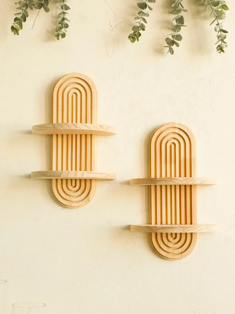 Boho Wooden Arch Wall Shelf – Natural Wood Floating Storage