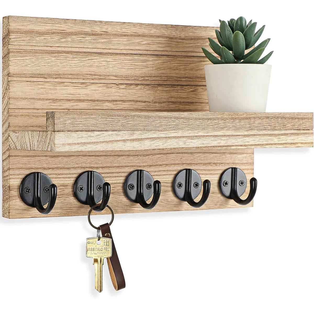 Rustic Wooden Key Holder & Wall Shelf – Entryway Mail Organiser with 5 Hooks