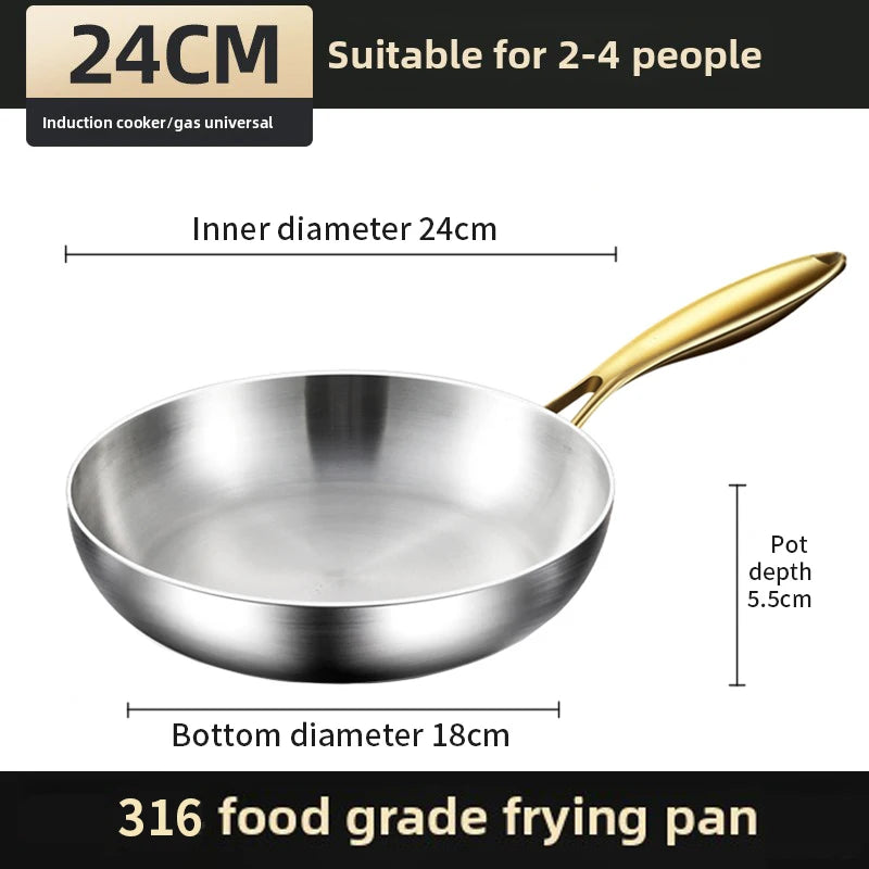 316 Stainless Steel Frying Pan with Golden Handle | Non-Stick Wok for Gas & Induction Cooktops