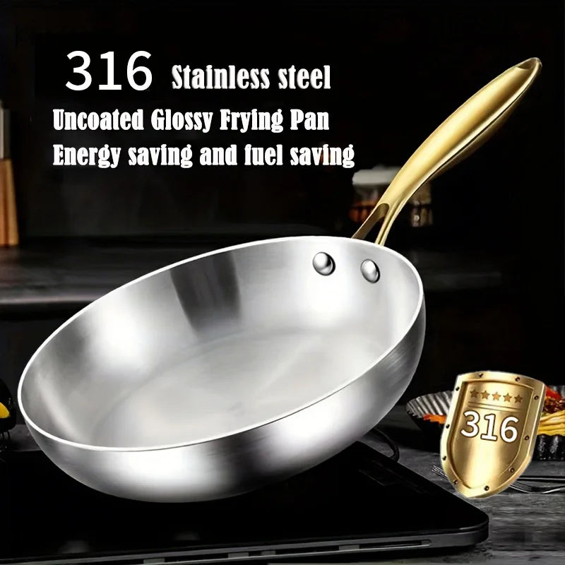 316 Stainless Steel Frying Pan with Golden Handle | Non-Stick Wok for Gas & Induction Cooktops