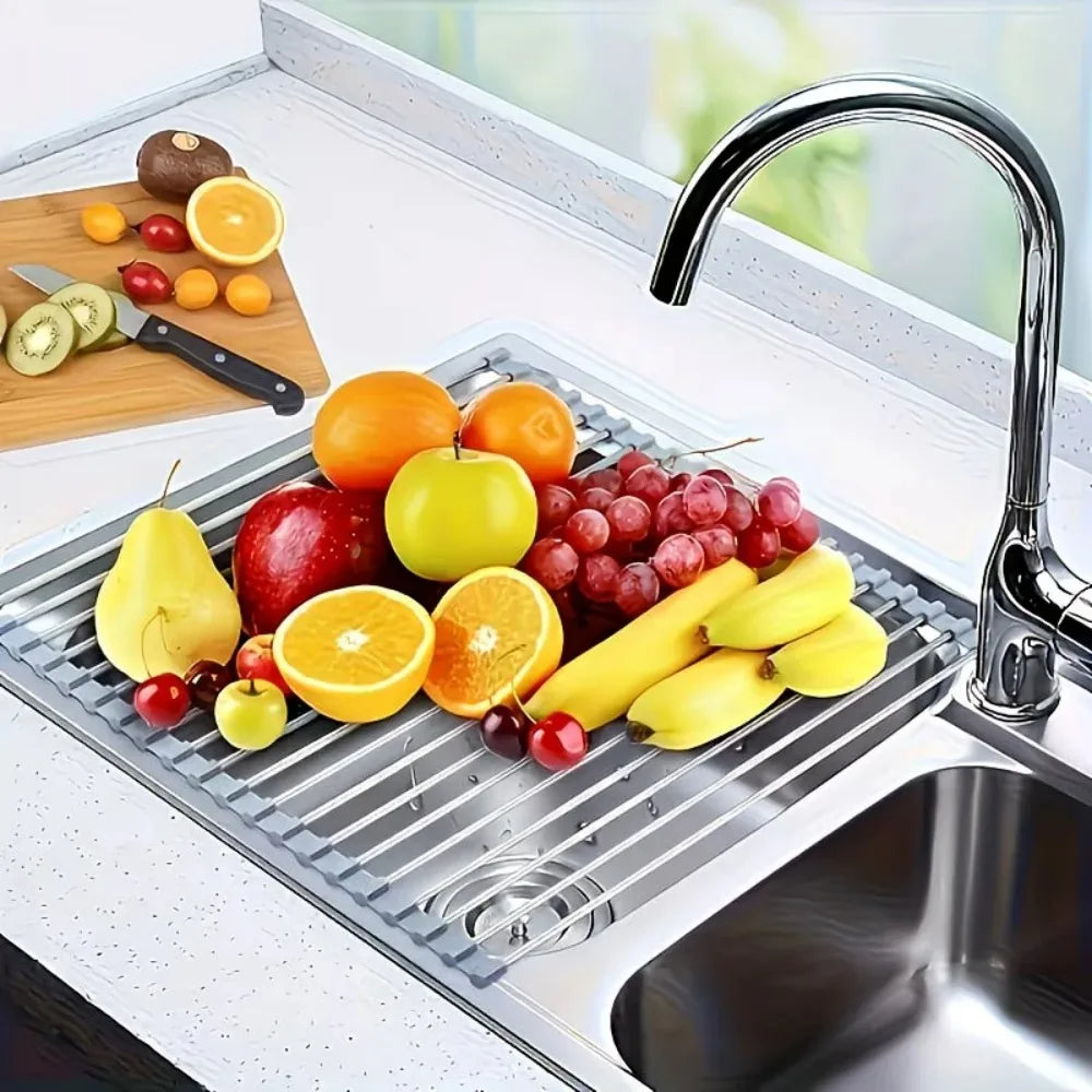 Roll-Up Stainless Steel Sink Drying Rack – Foldable Kitchen Dish & Vegetable Rack