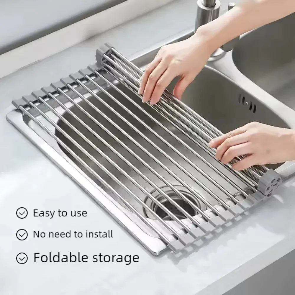 Roll-Up Stainless Steel Sink Drying Rack – Foldable Kitchen Dish & Vegetable Rack