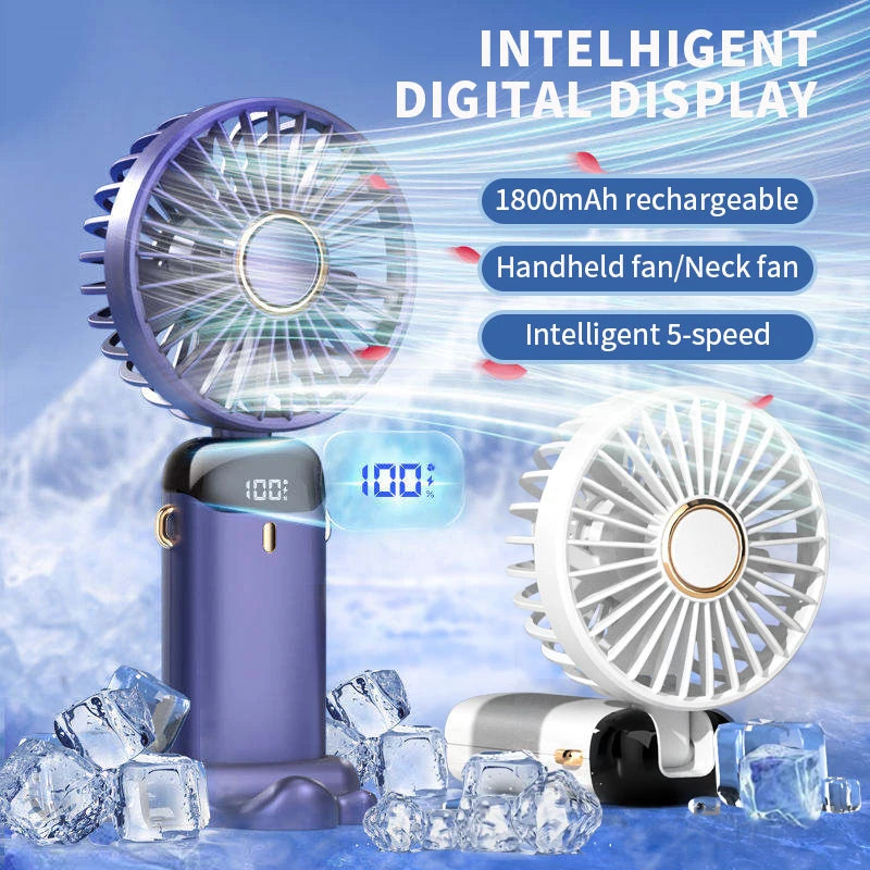 Portable Handheld Mini Fan with Neck Strap, Phone Stand & LED Display