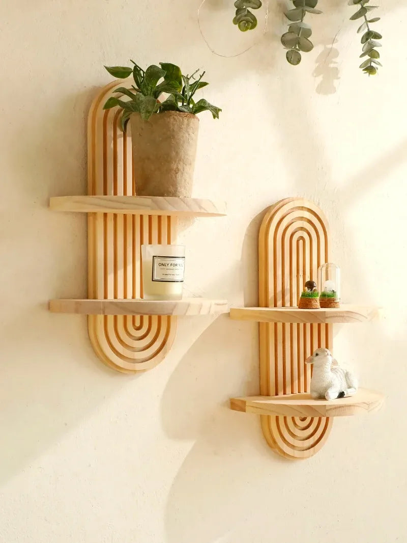 Boho Wooden Arch Wall Shelf – Natural Wood Floating Storage