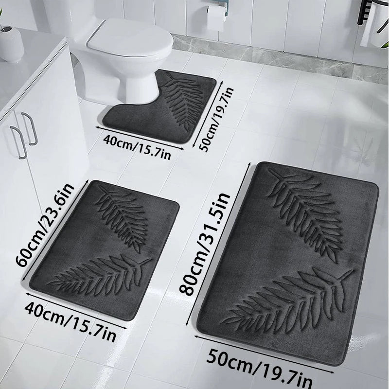 3-Piece Leaf Bathroom Mat Set – Non-Slip Super Absorbent Quick-Dry Bath Rugs & Toilet Mat