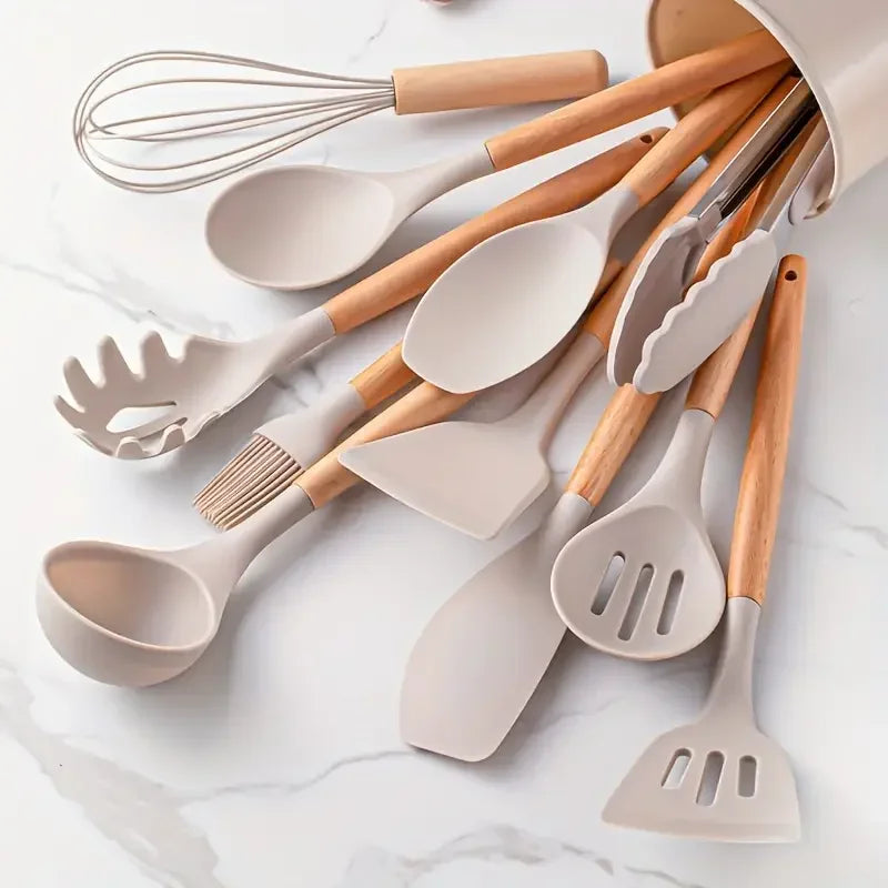 12-Piece Silicone Kitchen Utensil Set with Wooden Handles – Non-Stick Cooking Tool