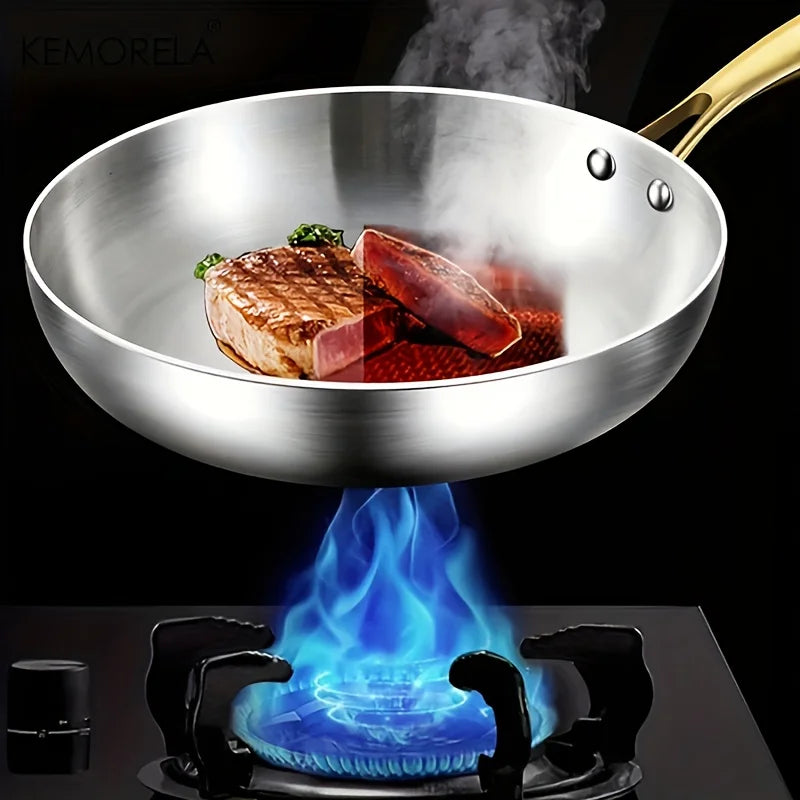 316 Stainless Steel Frying Pan with Golden Handle | Non-Stick Wok for Gas & Induction Cooktops