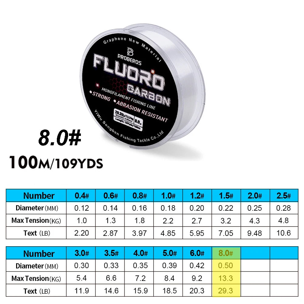 PROBEROS 100m Fluorocarbon Fishing Line – High Abrasion Resistance