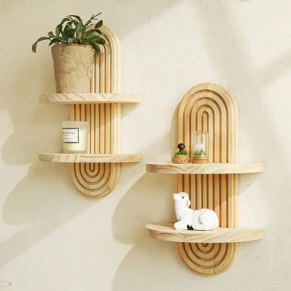 Boho Wooden Arch Wall Shelf – Natural Wood Floating Storage
