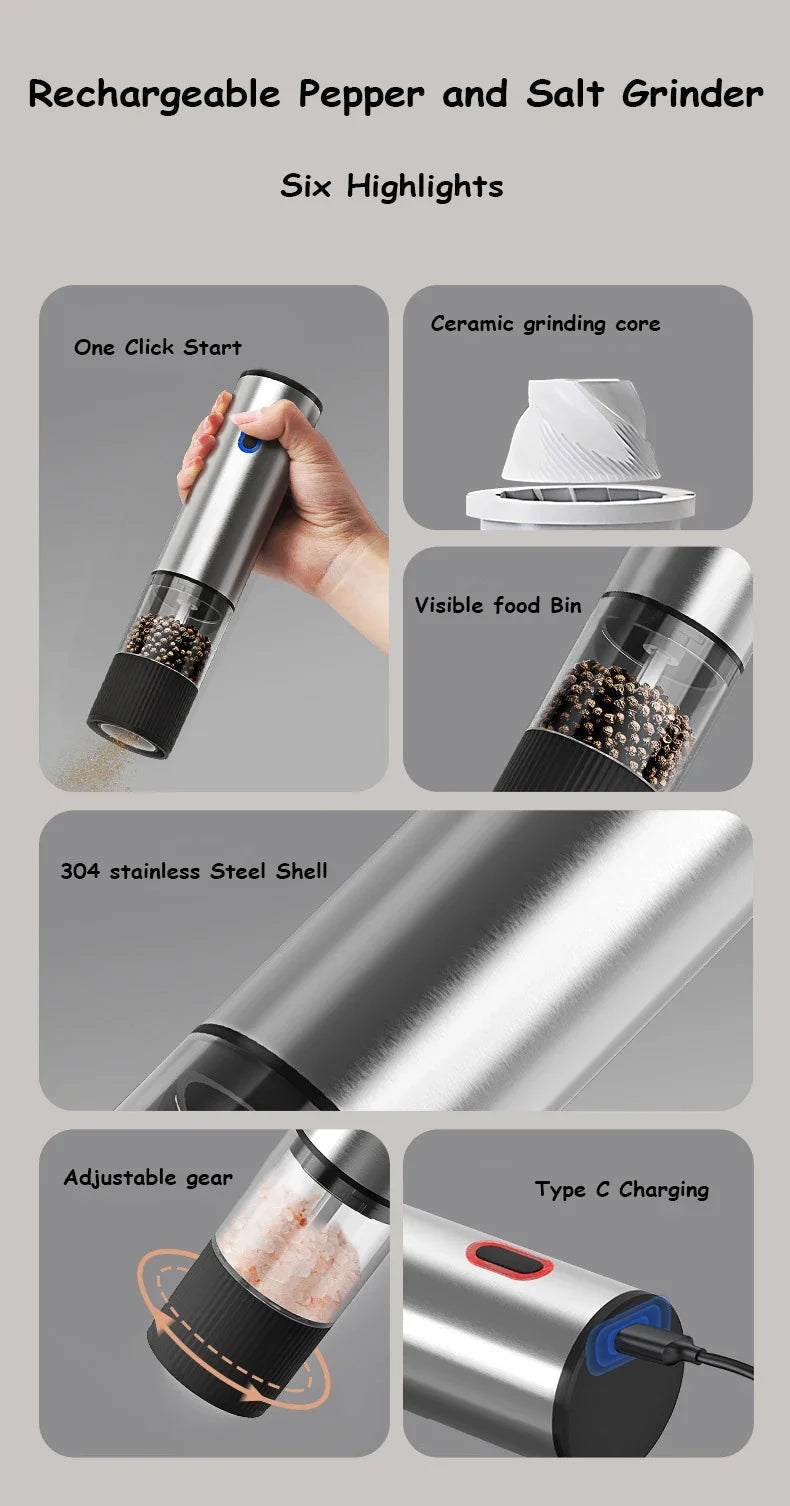Electric Salt & Pepper Grinder – Rechargeable & Adjustable