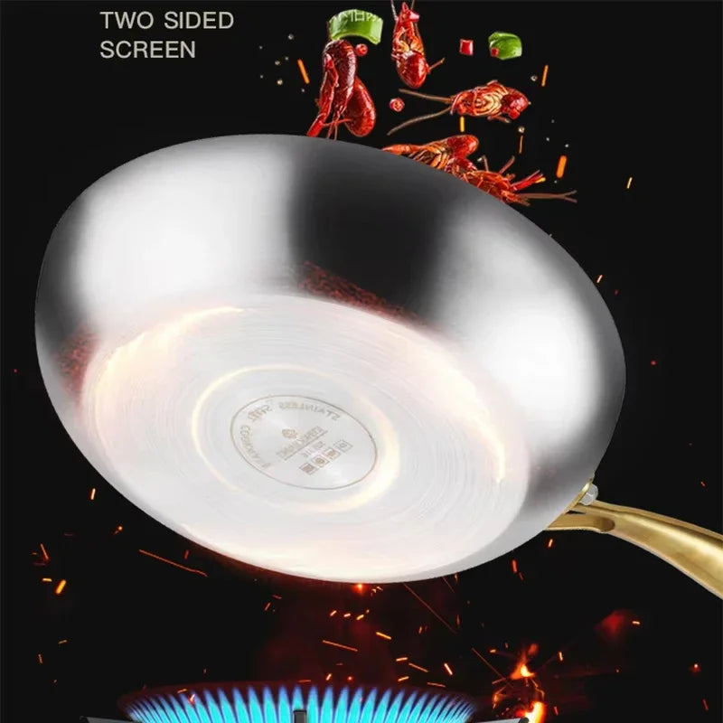 316 Stainless Steel Frying Pan with Golden Handle | Non-Stick Wok for Gas & Induction Cooktops