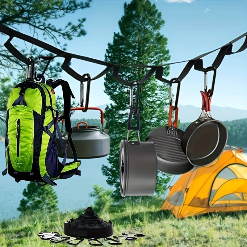 Camping Gear Hanging Strap with 19 Hooks – Outdoor Equipment Organizer Clothesline
