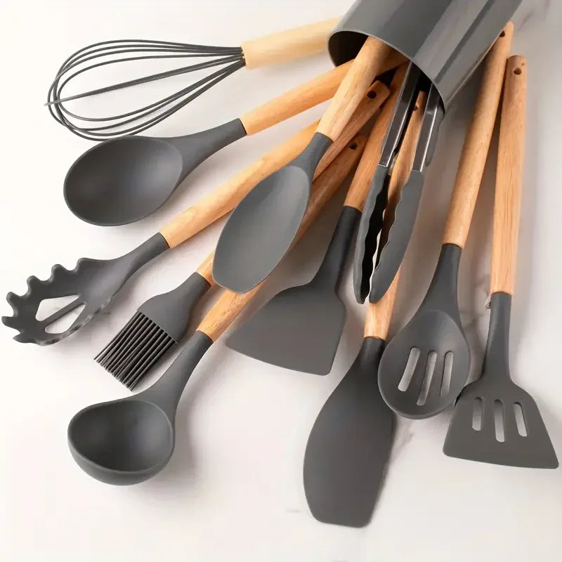 12-Piece Silicone Kitchen Utensil Set with Wooden Handles – Non-Stick Cooking Tool