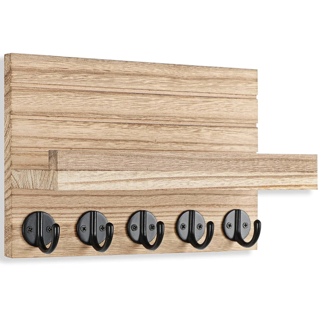 Rustic Wooden Key Holder & Wall Shelf – Entryway Mail Organiser with 5 Hooks