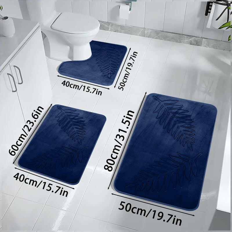 3-Piece Leaf Bathroom Mat Set – Non-Slip Super Absorbent Quick-Dry Bath Rugs & Toilet Mat