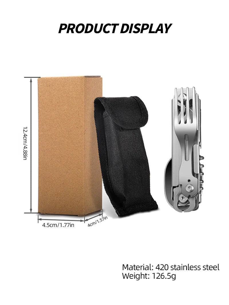 Stainless Steel Camping Multi Tool | Spoon, Fork, Knife & Bottle Opener